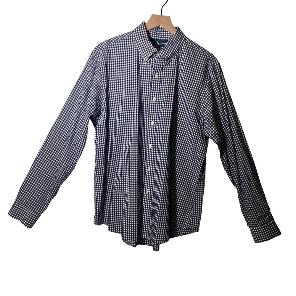 Ralph Lauren Button Down Shirt in Blue Gingham with Orange Logo, Men's Size XL